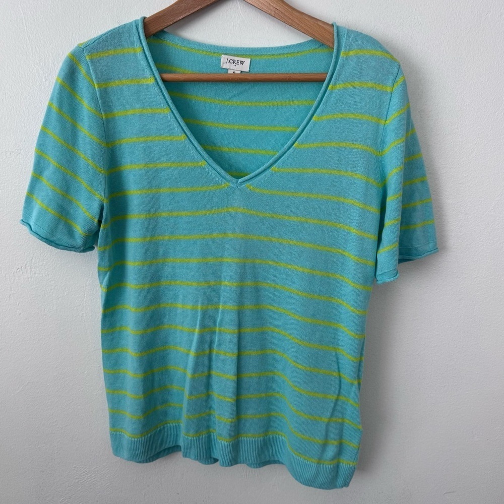 J. Crew factory linen blend teal with green stripe v neck sweater top Size Small
